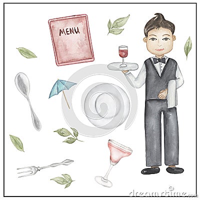 Watercolor waiter clipart, hand drawn illustration. Bartender working, kids school card clip art, educational, cute children Cartoon Illustration