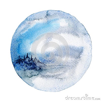 Watercolor wall art, winter landscape Stock Photo