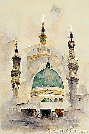 Watercolor wall tableau Art painting Al Masjid an Nabawi in the Kingdom of Saudi Arabia Stock Photo