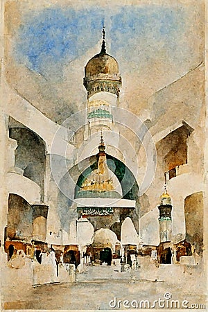 Watercolor wall tableau Art painting Al Masjid an Nabawi in the Kingdom of Saudi Arabia Stock Photo