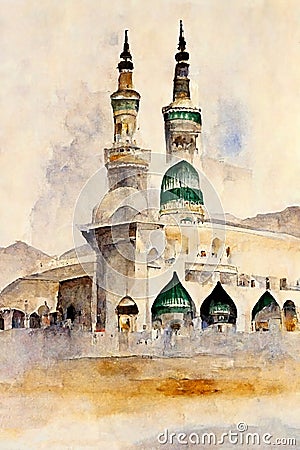 Watercolor wall tableau Art painting Al Masjid an Nabawi in the Kingdom of Saudi Arabia Stock Photo