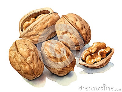 Watercolor Walnut Isolated, Aquarelle Nuts, Creative Watercolor Juglans Regia Fruits on White Background Stock Photo