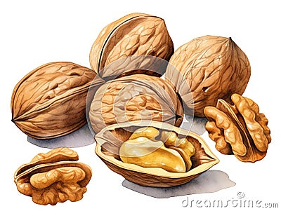 Watercolor Walnut Isolated, Aquarelle Nuts, Creative Watercolor Juglans Regia Fruits on White Background Stock Photo