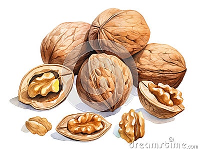 Watercolor Walnut Isolated, Aquarelle Nuts, Creative Watercolor Juglans Regia Fruits on White Background Stock Photo