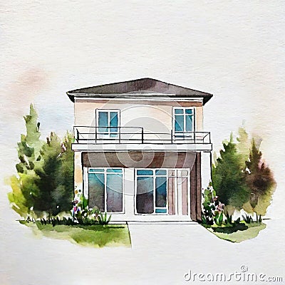 Watercolor of watercolored sketch of a modern minimalist house on watercolor paper Stock Photo