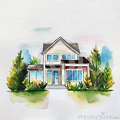 Watercolor of watercolored sketch of a modern minimalist house on watercolor paper Stock Photo