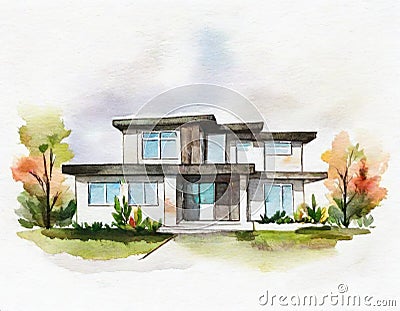 Watercolor of watercolored sketch of a modern minimalist house on watercolor Stock Photo