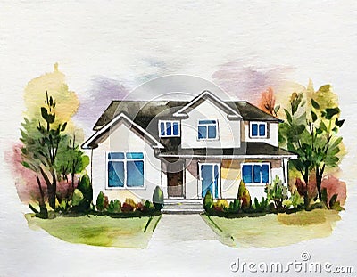 Watercolor of watercolored sketch of a modern minimalist house on watercolor Stock Photo