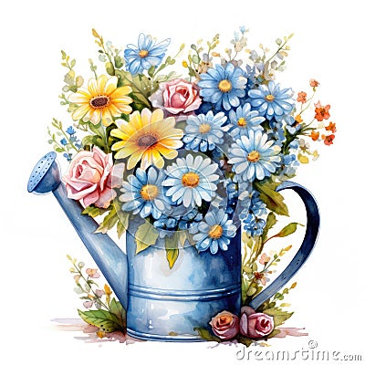 Watercolor watering can with spring flowers. Watercolor floral illustration Cartoon Illustration