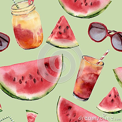 Watercolor watermelon, sunglass and cocktail big seamless pattern. Hand painted watermelon slice with fruit cocktail Cartoon Illustration