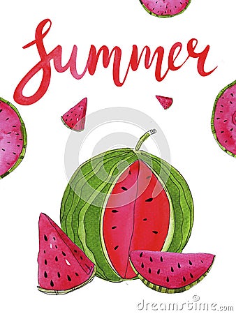 Watercolor watermelons and lettering hand drawn Stock Photo