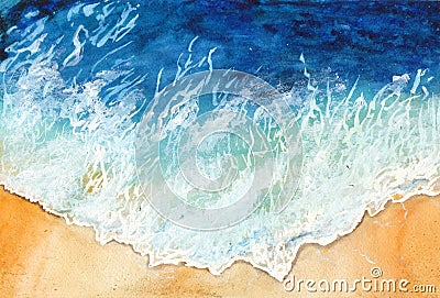 Watercolor waves of the ocean at the shore. Seascape. Stock Photo