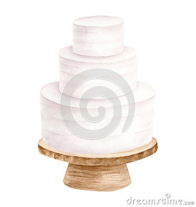 Watercolor wedding cake on wood stand illustration. Hand drawn 3 tiered white cream cake. Rustic dessert isolated Cartoon Illustration