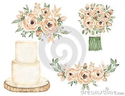 Watercolor Wedding Clipart, Cake, Flower bouquet, Summer Floral Wedding decor, Wood Slice Clipart, Save the Date Stock Photo