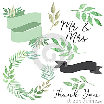 Watercolor Wedding Foliage Leaves Leaf Banner Wreath Clipart Stock Photo