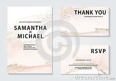 Watercolor wedding invitation set, elegant gold foil rustic design. Bridal shower template. Bohemian anniversary greeting, holiday Vector Illustration