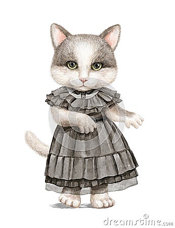 Watercolor Wednesday cat character in black vintage dress dancing Cartoon Illustration