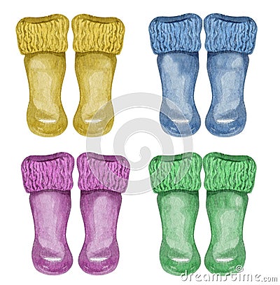 Watercolor wellies collection. Kids rain boots family print. Isolated on white. autumn, fall concept Stock Photo