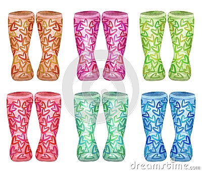 Watercolor wellies collection. rain boots family print. Isolated on white. autumn, fall concept Stock Photo