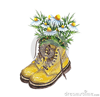 Watercolor wellies with flowers illustration in provence style. Rubber boots. Bouquet of flowers. Cartoon Illustration