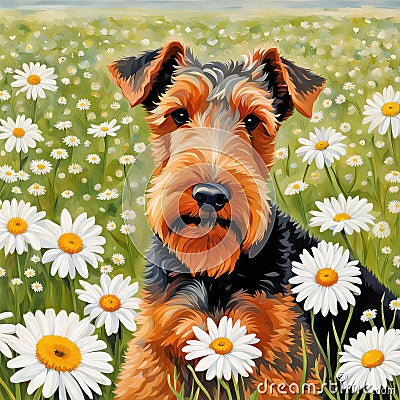 Watercolor Welsh Terrier In Daisy Field Stock Photo