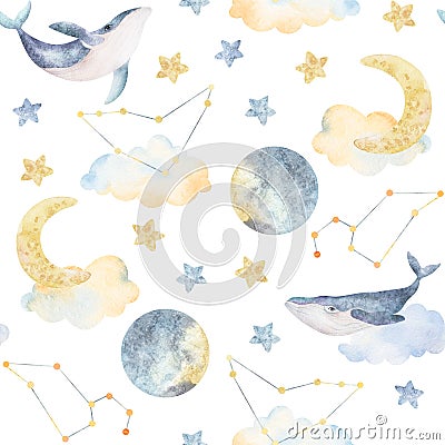 Watercolor whales, clouds, moon, stars, seamless pattern. Watercolor illustrations clip art. For t-shirt print, wear Cartoon Illustration