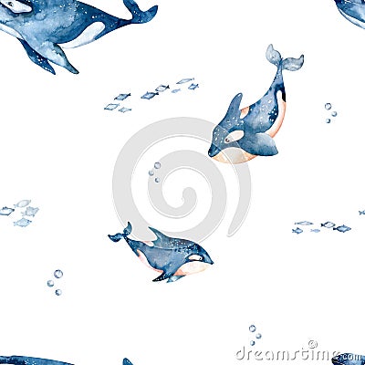 Watercolor whales seamless pattern Hand drawn cute illustration with whales. Perfect for wrapping paper, wallpapers,prints and Cartoon Illustration