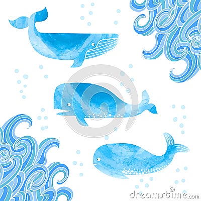 Watercolor whales set. Vector Illustration