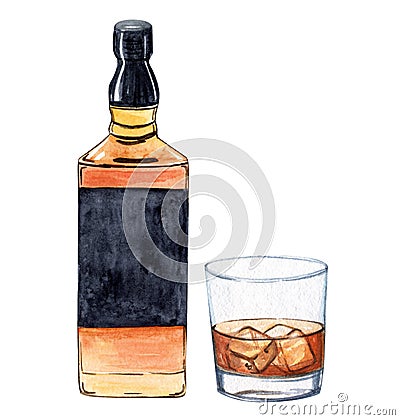 Watercolor whiskey bottle and glass isolated on white background. cognac alcohol drink Stock Photo