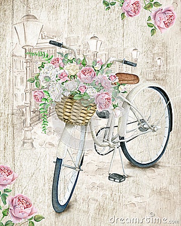 Watercolor white bicycle with roses Stock Photo