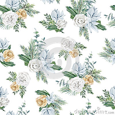 Watercolor white and blue floral seamless pattern with flower bouquet. White Rose, fir branch, eucalyptus branch. Stock Photo