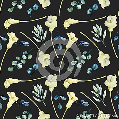 Watercolor white callas flowers and eucalyptus branches seamless pattern Stock Photo