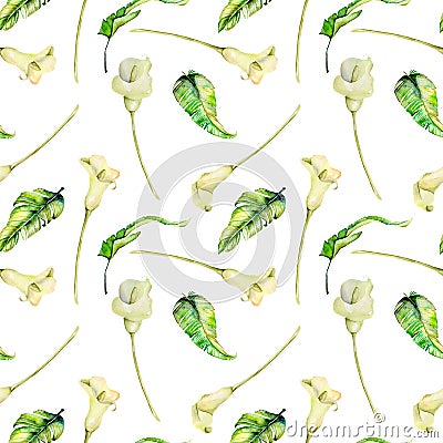 Watercolor white callas flowers and green tropical leaves seamless pattern Stock Photo