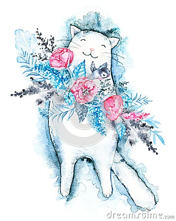 Watercolor white cat sleeping on the flowers Cartoon Illustration