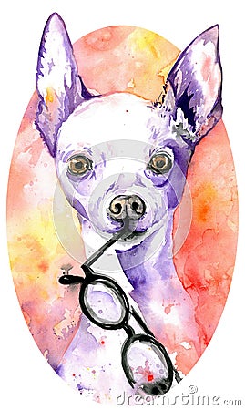 Watercolor white doggy with glasses in its jaws. Dog with purple peaky ears. Hand-drawn illustration. Stock Photo