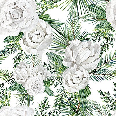 Watercolor white floral seamless pattern with flower bouquet. White Rose, fir branch. Greenery foliage background Stock Photo