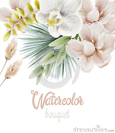 Watercolor white orchid flowers and palm leaves Vector Illustration