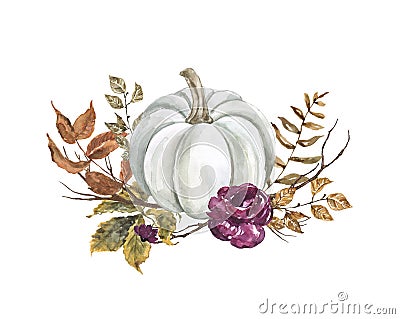 Watercolor white pumpkin and fall leaves illustration. Floral autumn arrangement, isolated Cartoon Illustration