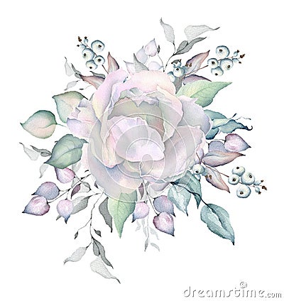 Watercolor White Roses Snowy Bouquet Stock Photo