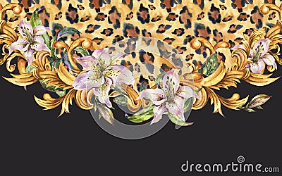 Watercolor White Royal Lilies, animal print with golden baroque ornament frame. Hand drawn gold scrolls, leaves, flowers Stock Photo