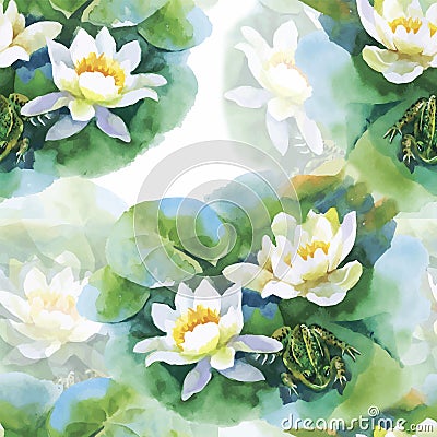 Watercolor white water-lilly flowers seamless pattern with frog on pond Vector Illustration