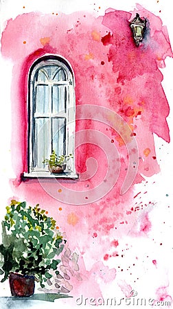 Watercolor white wooden window on a bright magenta wall Stock Photo