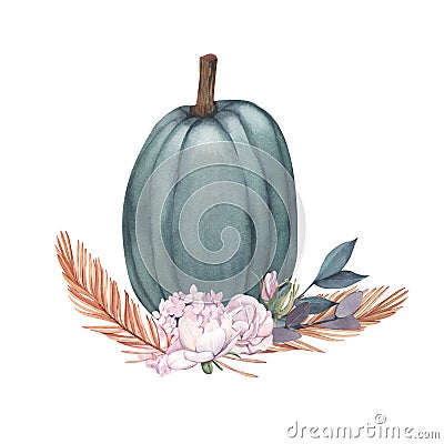 Watercolor whole fresh blue pumpkin and flowers. Hand-drawn illustration isolated on white background. Perfect for menu Cartoon Illustration