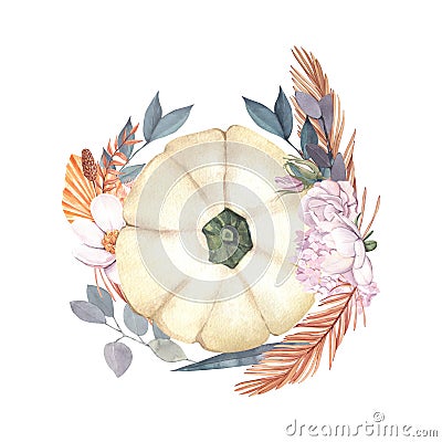 Watercolor whole fresh white pumpkin and flowers. Hand-drawn illustration isolated on white background. Perfect for menu Cartoon Illustration