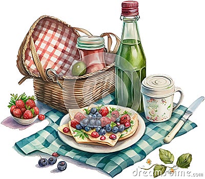 Watercolor wicker picnic basket with pancakes, jam, fresh berries, strawberry, blueberry, apple, green tea and crockery Cartoon Illustration