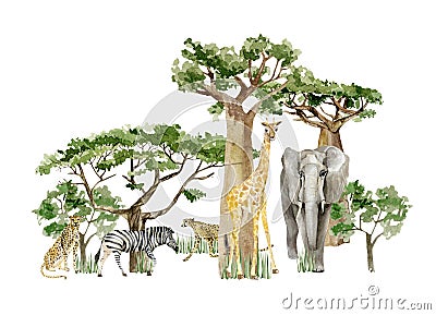 Watercolor wild Africa animal savannah Elephant, Giraffe Cheetah and tree savaanah. Nature Africa, southern trees for greeting car Stock Photo