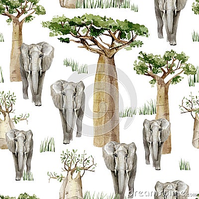 Watercolor wild Africa animal seamless pattern. Savannah Elephant and baobab tree. Nature Africa for nursery decor, baby shower Stock Photo