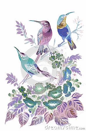 Watercolor wild exotic birds on flowers Vector Illustration