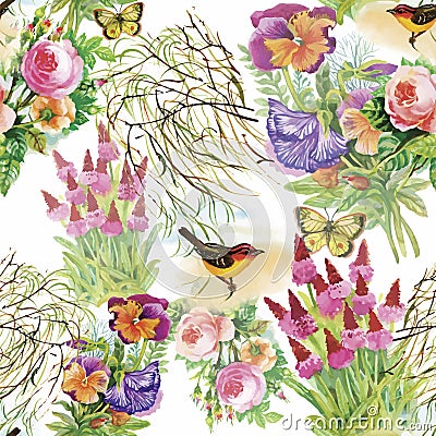 Watercolor Wild exotic birds on flowers seamless pattern on white background Vector Illustration