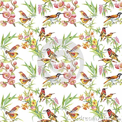 Watercolor Wild exotic birds on flowers seamless pattern on white background Vector Illustration